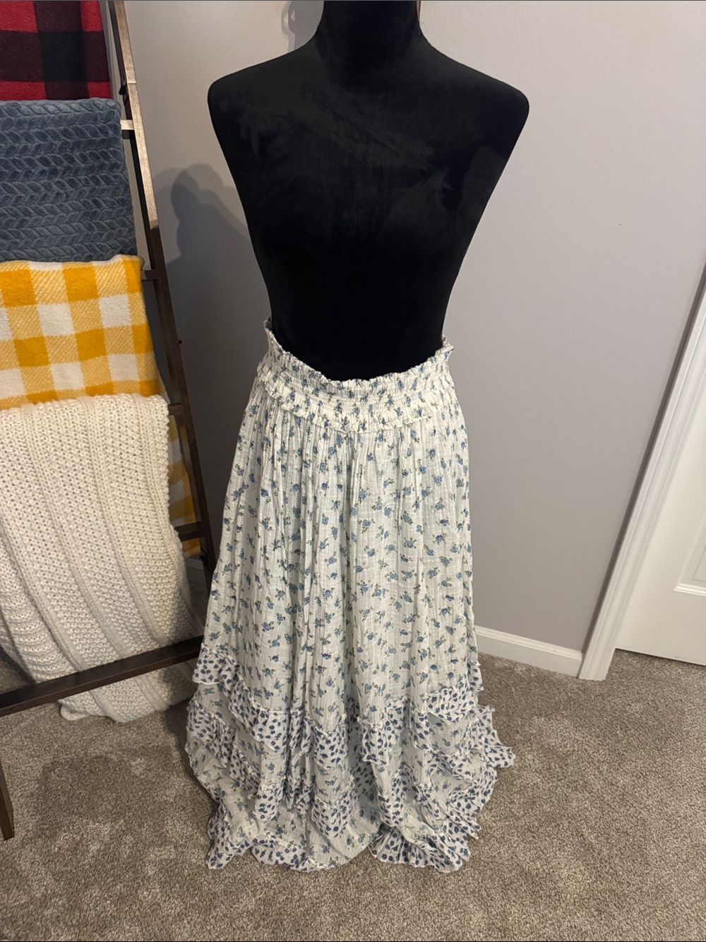 Free People White Maxi Skirt with Blue Floral Print